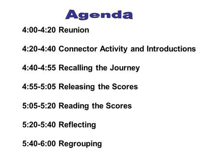 4:00-4:20 Reunion 4:20-4:40 Connector Activity and Introductions 4:40-4:55 Recalling the Journey 4:55-5:05 Releasing the Scores 5:05-5:20 Reading the Scores.