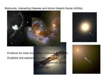 Starbursts, Interacting Galaxies and Active Galactic Nuclei (AGNs) Evidence for close encounters, collisions & mergers Eruptions and explosions -- radio.