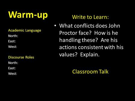 Warm-up Academic Language North: East: West: Discourse Roles North: East: West: Write to Learn: What conflicts does John Proctor face? How is he handling.