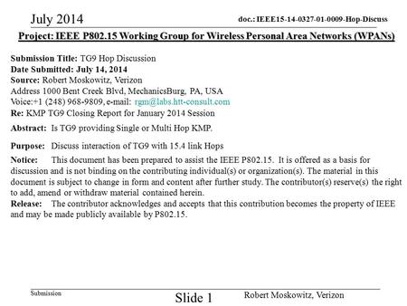 Doc.: IEEE15-14-0327-01-0009-Hop-Discuss Submission July 2014 Robert Moskowitz, Verizon Slide 1 Project: IEEE P802.15 Working Group for Wireless Personal.