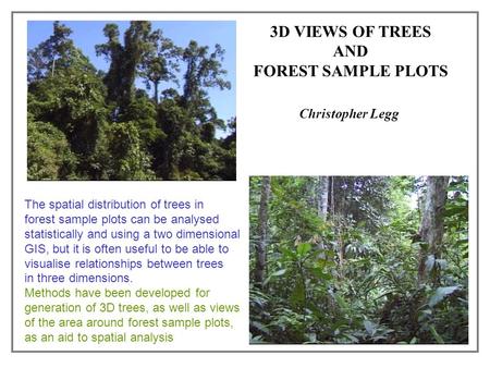 3D VIEWS OF TREES AND FOREST SAMPLE PLOTS Christopher Legg The spatial distribution of trees in forest sample plots can be analysed statistically and using.