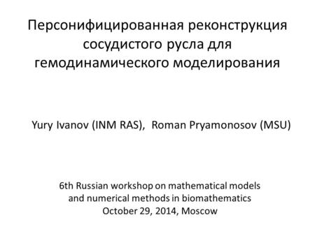 Персонифицированная реконструкция сосудистого русла для гемодинамического моделирования 6th Russian workshop on mathematical models and numerical methods.