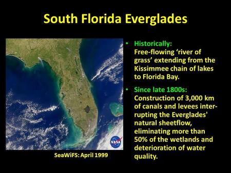 South Florida Everglades Historically: Free-flowing ‘river of grass’ extending from the Kissimmee chain of lakes to Florida Bay. Since late 1800s: Construction.