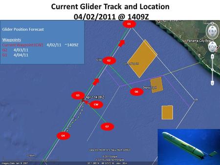 Current Glider Track and Location 1409Z Glider Position Forecast Waypoints Current Waypoint (CW) 4/02/11 ~1409Z G2 4/03/11 G1 4/04/11 G1 G2.