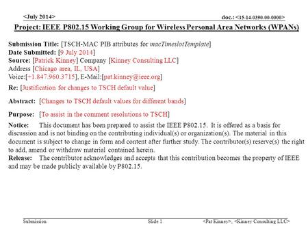 Doc.: Submission, Slide 1 Project: IEEE P802.15 Working Group for Wireless Personal Area Networks (WPANs) Submission Title: [TSCH-MAC PIB attributes for.