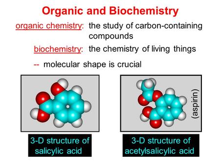 Organic and Biochemistry organic chemistry: -- molecular shape is crucial 3-D structure of salicylic acid 3-D structure of acetylsalicylic acid ( a s p.