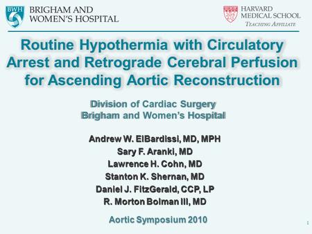 1 Aortic Symposium 2010 Andrew W. ElBardissi, MD, MPH Sary F. Aranki, MD Lawrence H. Cohn, MD Stanton K. Shernan, MD Daniel J. FitzGerald, CCP, LP R. Morton.