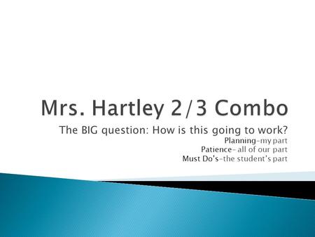 The BIG question: How is this going to work? Planning-my part Patience- all of our part Must Do’s-the student’s part.