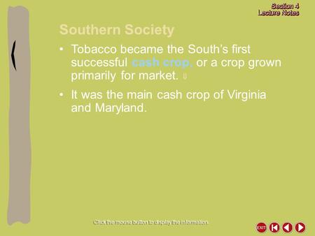 Southern Society Click the mouse button to display the information. Tobacco became the South’s first successful cash crop, or a crop grown primarily for.