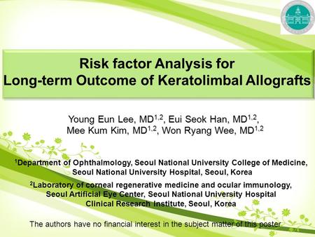 Young Eun Lee, MD 1,2, Eui Seok Han, MD 1,2, Mee Kum Kim, MD 1,2, Won Ryang Wee, MD 1,2 Mee Kum Kim, MD 1,2, Won Ryang Wee, MD 1,2 Risk factor Analysis.