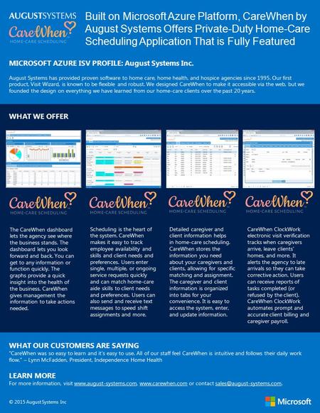 Built on Microsoft Azure Platform, CareWhen by August Systems Offers Private-Duty Home-Care Scheduling Application That is Fully Featured MICROSOFT AZURE.