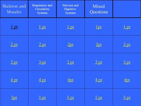 2 pt 3 pt 4 pt 5pt 1 pt 2 pt 3 pt 4 pt 5 pt 1 pt 2pt 3 pt 4pt 5 pt 1pt 2pt 3 pt 4 pt 5 pt 1 pt 2 pt 3 pt 4pt 5 pt 1 pt Skeleton and Muscles Respiratory.