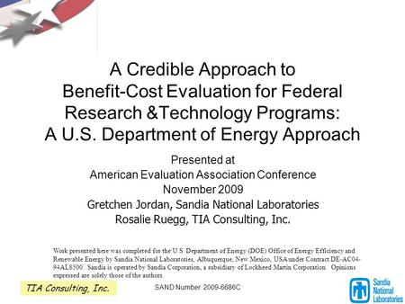 A Credible Approach to Benefit-Cost Evaluation for Federal Research &Technology Programs: A U.S. Department of Energy Approach Presented at American Evaluation.