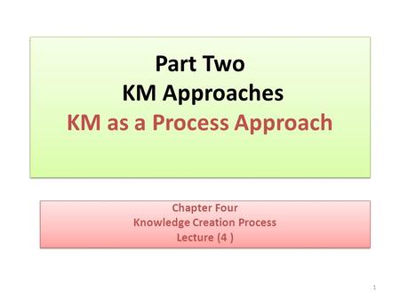 Part Two KM Approaches KM as a Process Approach Chapter Four Knowledge Creation Process Lecture (4 ) Chapter Four Knowledge Creation Process Lecture (4.