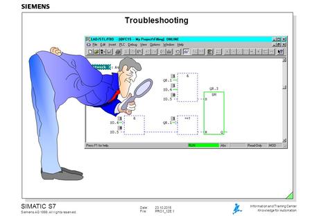 Date:23.10.2015 File:PRO1_12E.1 SIMATIC S7 Siemens AG 1999. All rights reserved. Information and Training Center Knowledge for Automation Troubleshooting.