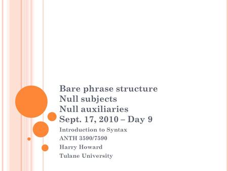 Bare phrase structure Null subjects Null auxiliaries Sept. 17, 2010 – Day 9 Introduction to Syntax ANTH 3590/7590 Harry Howard Tulane University.