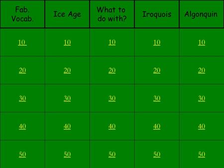 20 30 40 50 10 20 30 40 50 10 20 30 40 50 10 20 30 40 50 10 20 30 40 50 10 Fab. Vocab. Ice Age What to do with? Iroquois Algonquin.