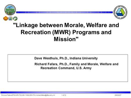 Richard Fafara/CFSC-SP/(703) 681-7438/(DSN 1 of 12 29032007 MWR Programs and Their Effect on Readiness and Retention.