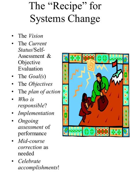 The “Recipe” for Systems Change The Vision The Current Status/Self- Assessment & Objective Evaluation The Goal(s) The Objectives The plan of action Who.