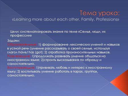 Цели: систематизировать знания по теме «Семья, люди, их профессии» Задачи: Образовательные: 1) формирование лексических умений и навыков в устной речи.