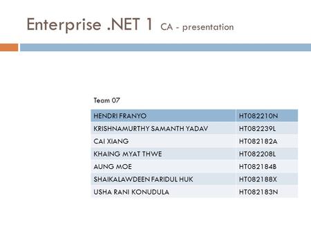 Enterprise.NET 1 CA - presentation HENDRI FRANYOHT082210N KRISHNAMURTHY SAMANTH YADAVHT082239L CAI XIANGHT082182A KHAING MYAT THWEHT082208L AUNG MOEHT082184B.