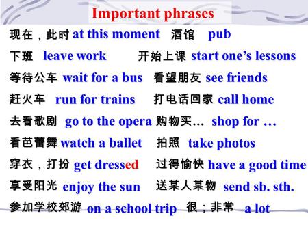 现在，此时 酒馆 下班 开始上课 等待公车 看望朋友 赶火车 打电话回家 去看歌剧 购物买 … 看芭蕾舞 拍照 穿衣，打扮 过得愉快 享受阳光 送某人某物 参加学校郊游 很；非常 leave work wait for a bus run for trains go to the opera watch.