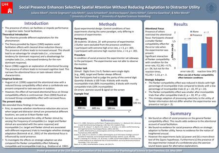 Results Attentional Focus Presence of others restricted the attentional focus: Participants showed a smaller flanker compatibility effect for the error.