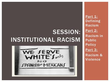 Part 1: Defining Racism Part 2: Racism in Public Policy Part 3: Racism & Violence SESSION: INSTITUTIONAL RACISM.