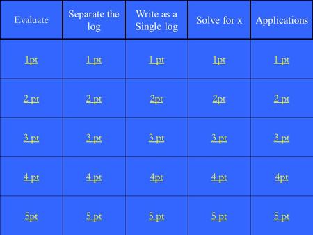 2 pt 3 pt 4 pt 5pt 1 pt 2 pt 3 pt 4 pt 5 pt 1 pt 2pt 3 pt 4pt 5 pt 1pt 2pt 3 pt 4 pt 5 pt 1 pt 2 pt 3 pt 4pt 5 pt 1pt Evaluate Separate the log Write as.