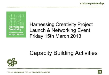 Harnessing Creativity Project Launch & Networking Event Friday 15th March 2013 Capacity Building Activities.