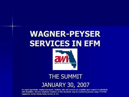 WAGNER-PEYSER SERVICES IN EFM THE SUMMIT JANUARY 30, 2007 An equal opportunity employer/program. Auxiliary aids and services are available upon request.