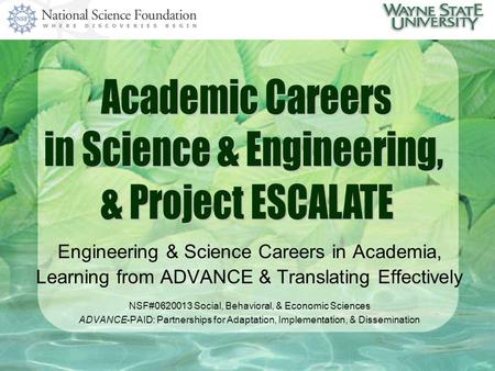 Engineering & Science Careers in Academia, Learning from ADVANCE & Translating Effectively NSF#0620013 Social, Behavioral, & Economic Sciences ADVANCE-PAID: