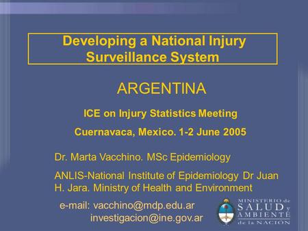 Developing a National Injury Surveillance System ARGENTINA ICE on Injury Statistics Meeting Cuernavaca, Mexico. 1-2 June 2005 Dr. Marta Vacchino. MSc Epidemiology.