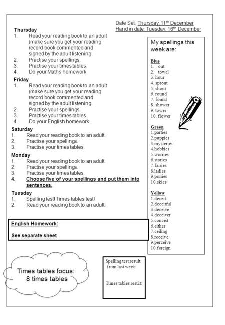 Friday 1.Read your reading book to an adult (make sure you get your reading record book commented and signed by the adult listening. 2.Practise your spellings.