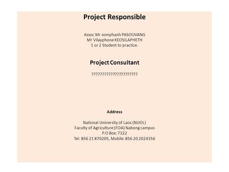 Project Responsible Assoc Mr somphanh PASOUVANG Mr Vilayphone KEOSILAPHETH 1 or 2 Student to practice. Project Consultant ?????????????????????? Address.