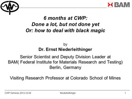 6 months at CWP: Done a lot, but not done yet Or: how to deal with black magic by Dr. Ernst Niederleithinger Senior Scientist and Deputy Division Leader.