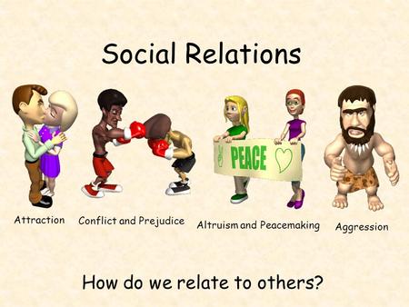 Social Relations How do we relate to others? Attraction Conflict and Prejudice Altruism and Peacemaking Aggression.