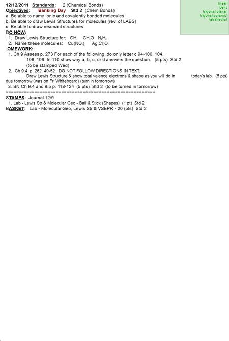 12/12/2011 Standards: 2 (Chemical Bonds) Objectives: Banking Day Std 2 (Chem Bonds) a. Be able to name ionic and covalently bonded molecules b. Be able.