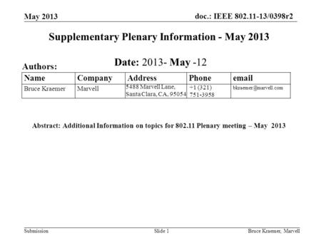 Doc.: IEEE 802.11-13/0398r2 SubmissionBruce Kraemer, MarvellSlide 1 +1 (321) 751-3958 5488 Marvell Lane, Santa Clara, CA, 95054 Name Company Address Phone.