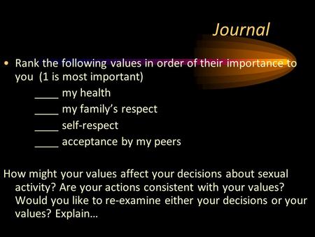 Journal Rank the following values in order of their importance to you (1 is most important) ____ my health ____ my family’s respect ____ self-respect ____.