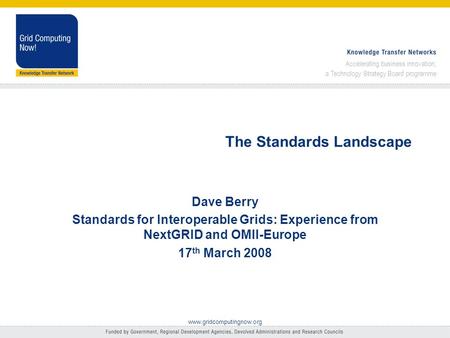 Accelerating business innovation; a Technology Strategy Board programme www.gridcomputingnow.org The Standards Landscape Dave Berry Standards for Interoperable.