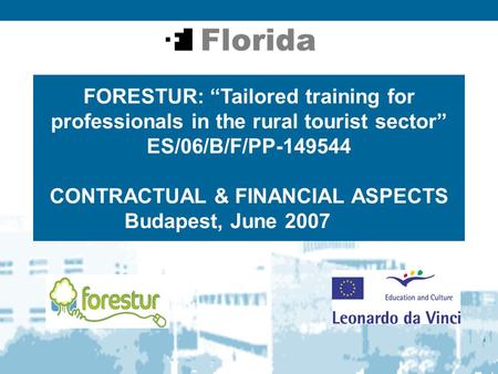 FORESTUR: “Tailored training for professionals in the rural tourist sector” ES/06/B/F/PP-149544 CONTRACTUAL & FINANCIAL ASPECTS Budapest, June 2007.