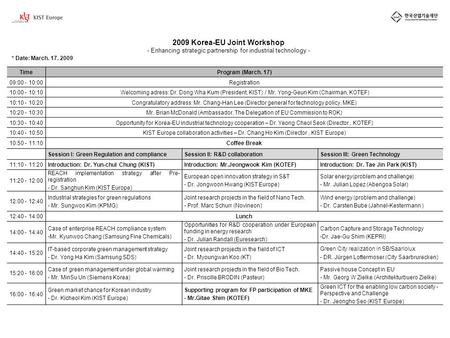 TimeProgram (March. 17) 09:00 - 10:00Registration 10:00 - 10:10 Welcoming adress: Dr. Dong Wha Kum (President, KIST) / Mr. Yong-Geun Kim (Chairman, KOTEF)