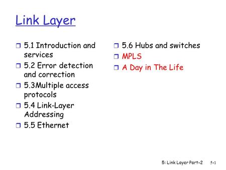 5: Link Layer Part-2 5-1 Link Layer r 5.1 Introduction and services r 5.2 Error detection and correction r 5.3Multiple access protocols r 5.4 Link-Layer.