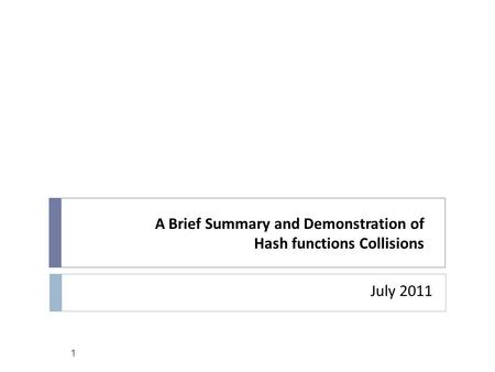 A Brief Summary and Demonstration of Hash functions Collisions July 2011 1.