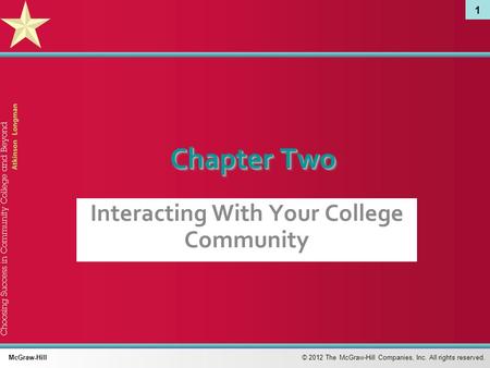 1 © 2012 The McGraw-Hill Companies, Inc. All rights reserved. McGraw-Hill Chapter Two Interacting With Your College Community.