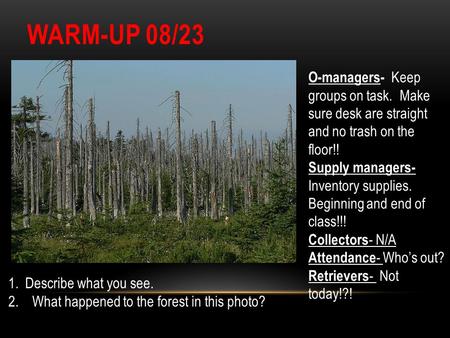 WARM-UP 08/23 O-managers- Keep groups on task. Make sure desk are straight and no trash on the floor!! Supply managers- Inventory supplies. Beginning and.