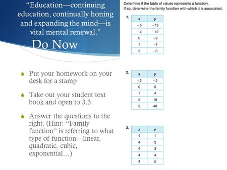 “Education—continuing education, continually honing and expanding the mind—is vital mental renewal.” Do Now  Put your homework on your desk for a stamp.