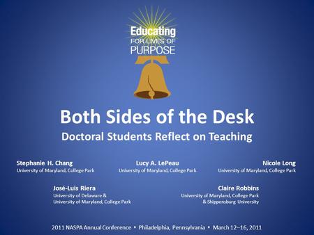 2011 NASPA Annual Conference  Philadelphia, Pennsylvania  March 12–16, 2011 Stephanie H. Chang University of Maryland, College Park José-Luis Riera University.