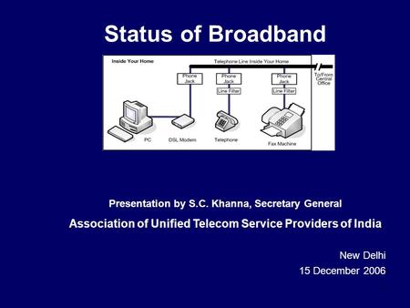 1 Status of Broadband New Delhi 15 December 2006 Presentation by S.C. Khanna, Secretary General Association of Unified Telecom Service Providers of India.